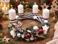 Adventní věnec se svíčkami a lyžemi – šedý 25 cm